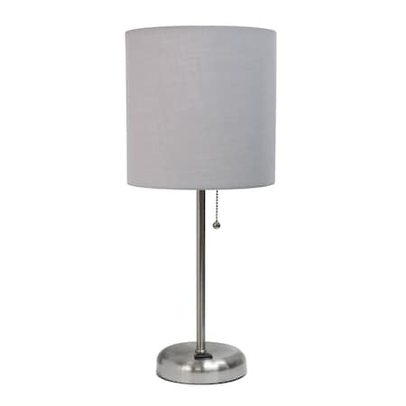 Creekwood Home Oslo 19.5in Contemporary Power Outlet Base Metal Table Lamp, Brushed Steel, Gray Drum Fabric Shade CWT-2009-GY